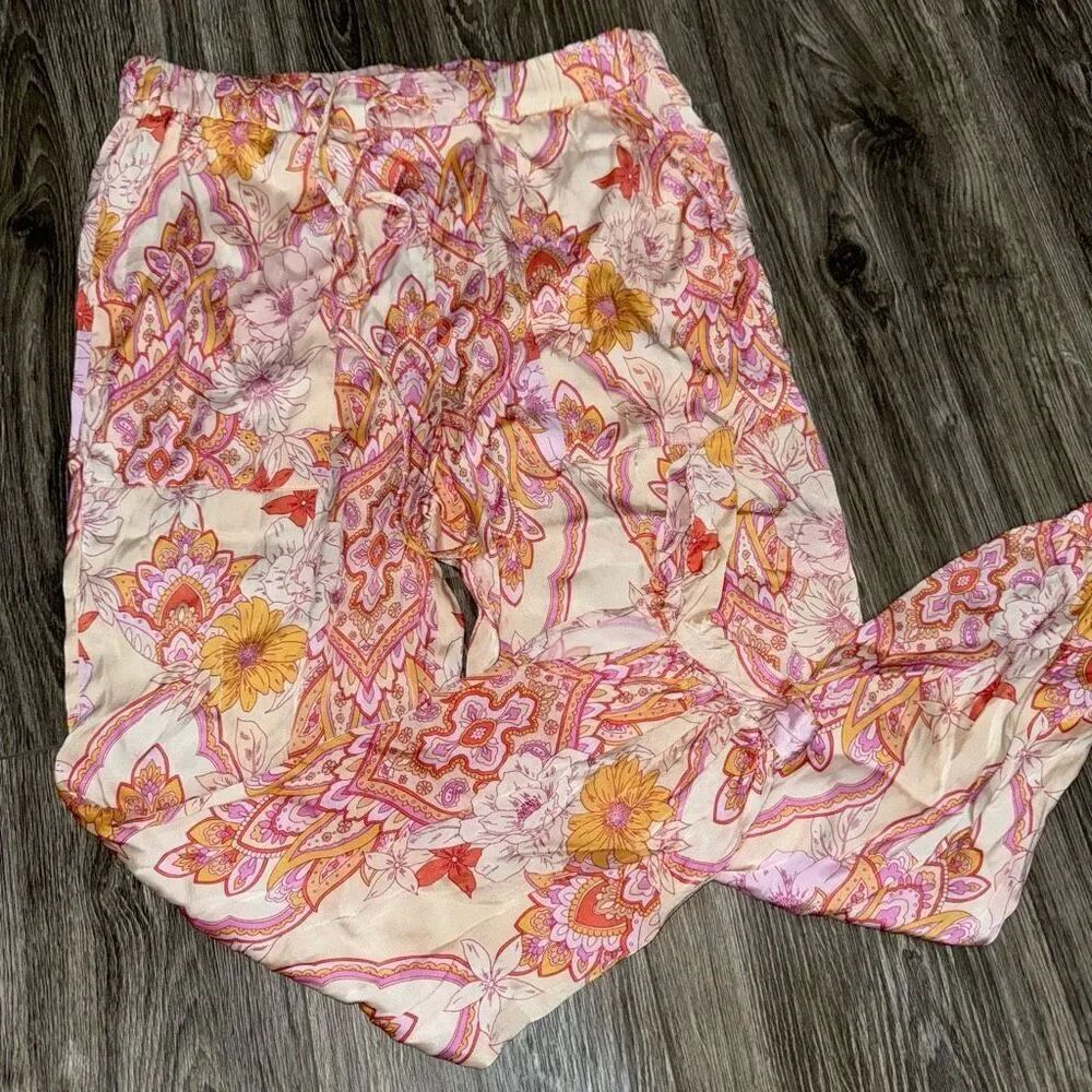 Zara The Sasha Pink Orange Satin Printed Tapered Tie Hem Pants